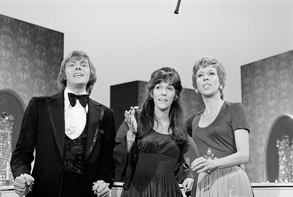 Karen Carpenter and Richard Carpenter with actress Carol Burnett in comedy & variety program 'The Carol Burnett Show,' 1972.