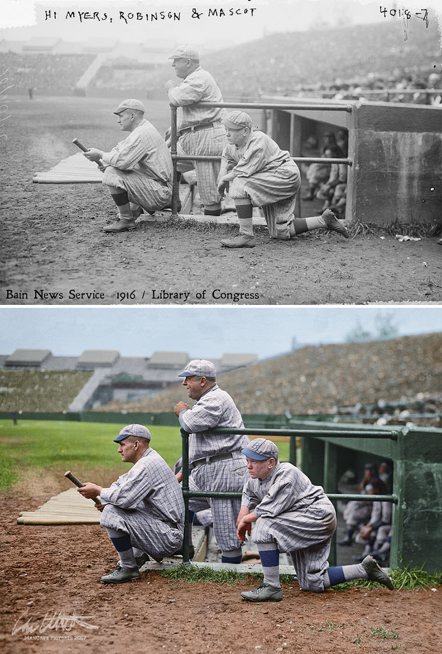 Trio of Brooklyn Robins at Braves Field, Boston, 1916