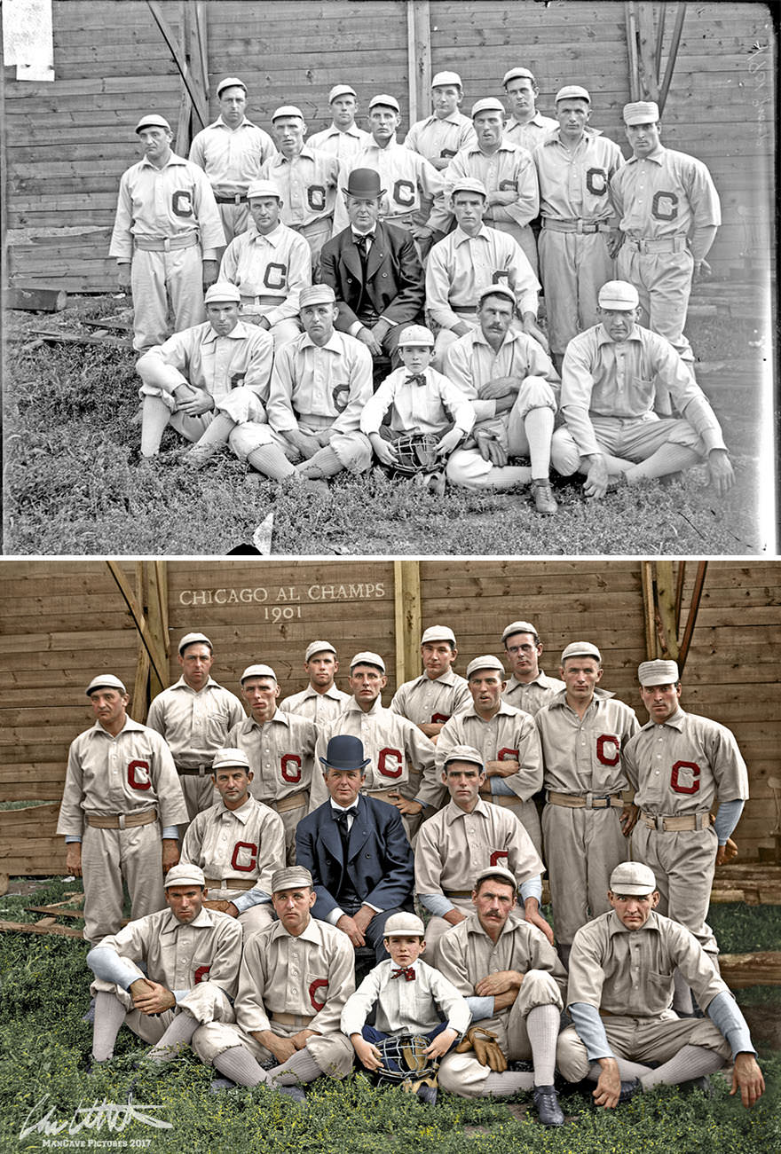 The first champions of the New American League. Chicago White Sox, With Owner Charles Comiskey, 1901
