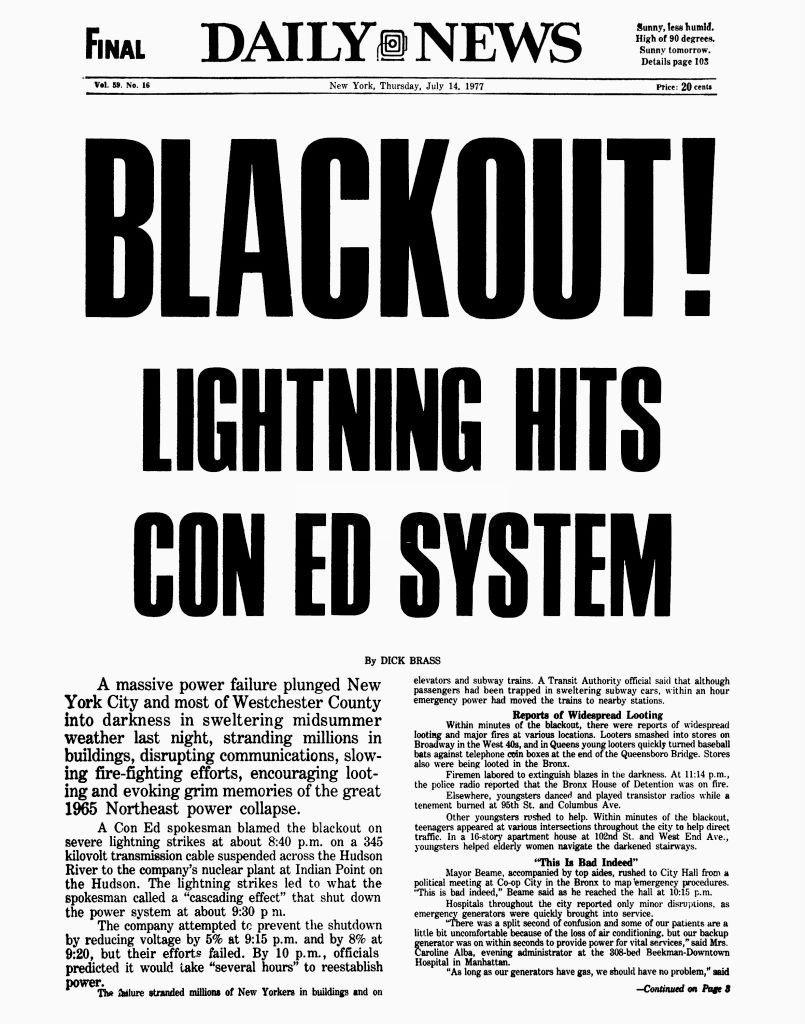 A Daily News kezdőlapja a NYC Blackout-ról, 1977. július 14.