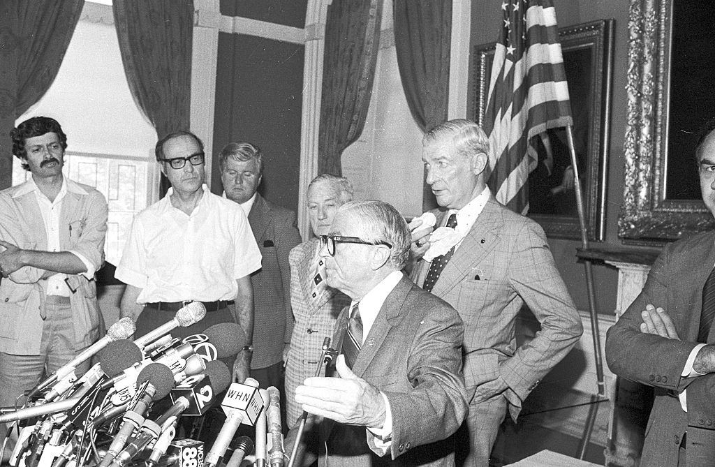 Mayor Beame and Police commissioner Michael Codd at City Hall press conference about the 1977 blackout.