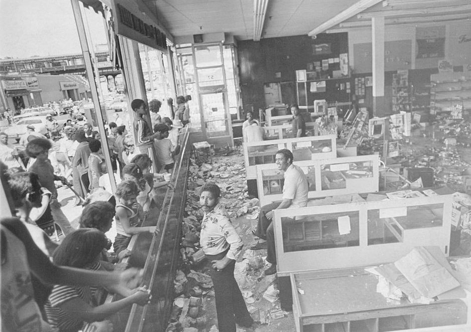 Some stores in the Bronx along the Grand Concourse have been vandalized during the blackout, New York City, July 13, 1977.