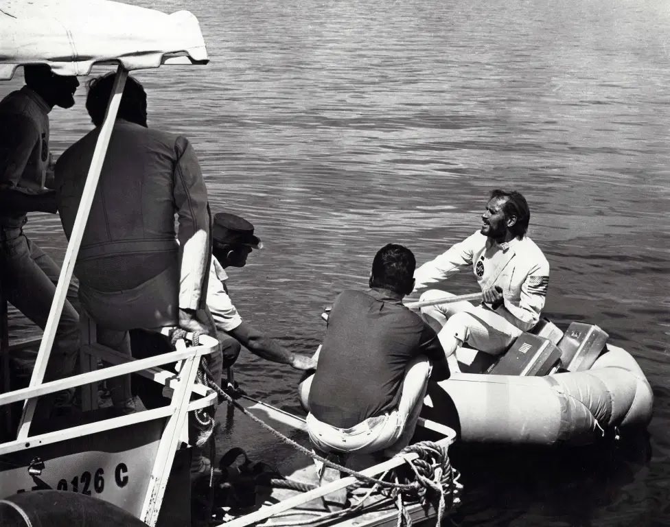 Charlton Heston prepares to shoot an early scene in the film, Planet of the Apes, 1968.