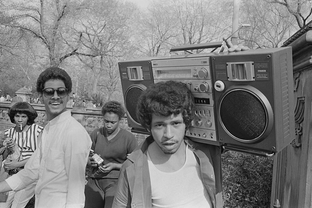 A young man with a Fisher PH 490 Boombox in Central Park, New York City, circa 1976