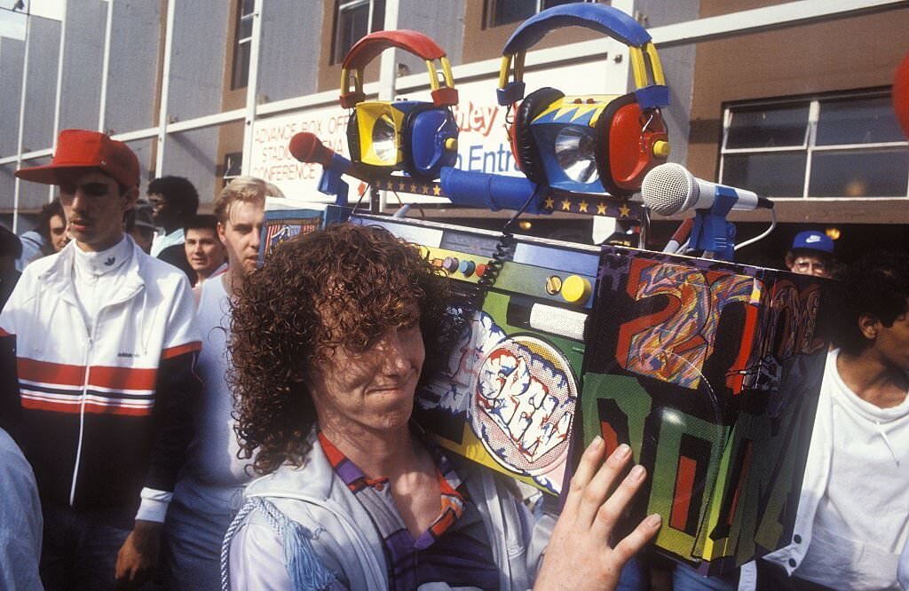 A boy with his boombox at UK Fresh Hip Hop event, Wembley, London, 1986