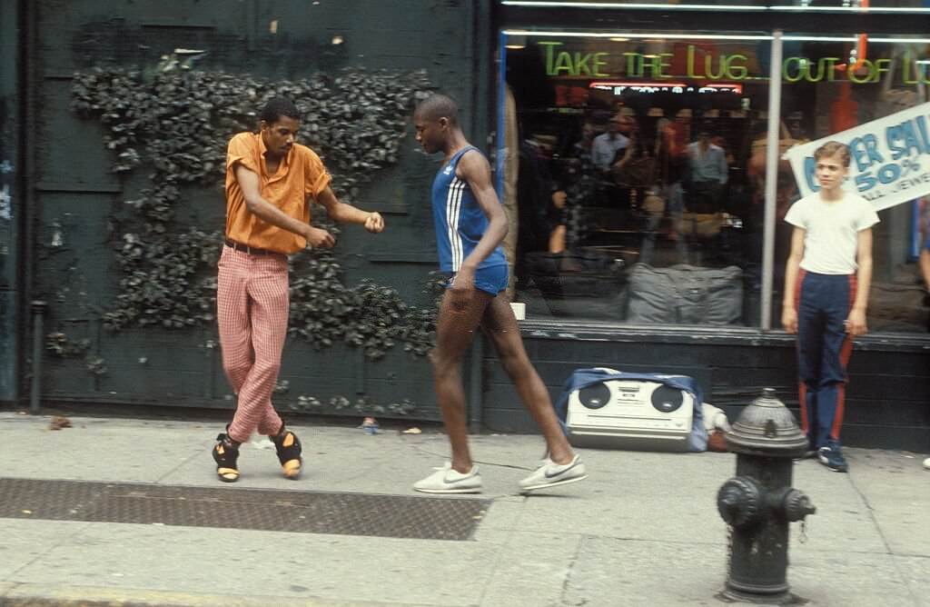 Breakdancers, B-Boys on the street, 5th Avenue, New York, 1981