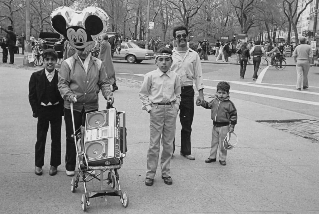 A family with a boombox in Midtown Manhattan, New York City, circa 1982.