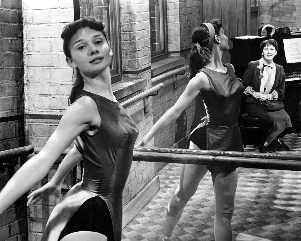 Audrey Hepburn rehearsing at the barre, 1950.