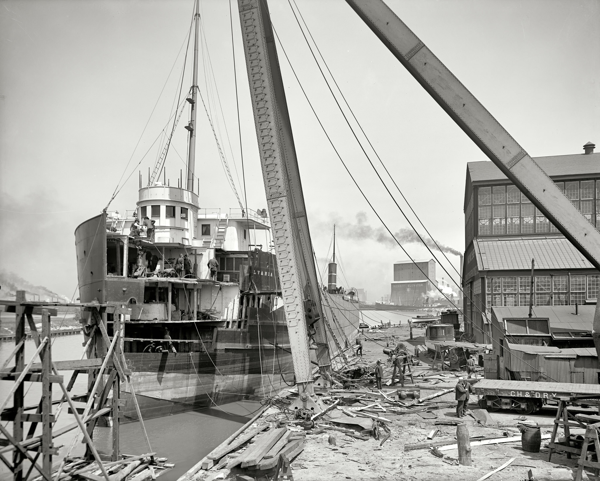 Chicago Ship Building Co. Repairing a lake carrier after a collision, 1905.