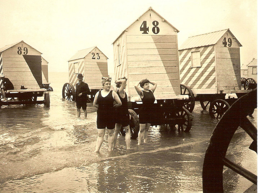 Women in swimsuits at beach, Blankenberge, 1907