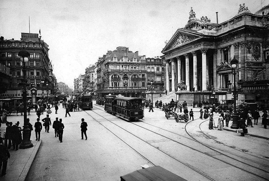 Stock exchange of continental Europe the Bourse in Brussels, Belgium, 1900.
