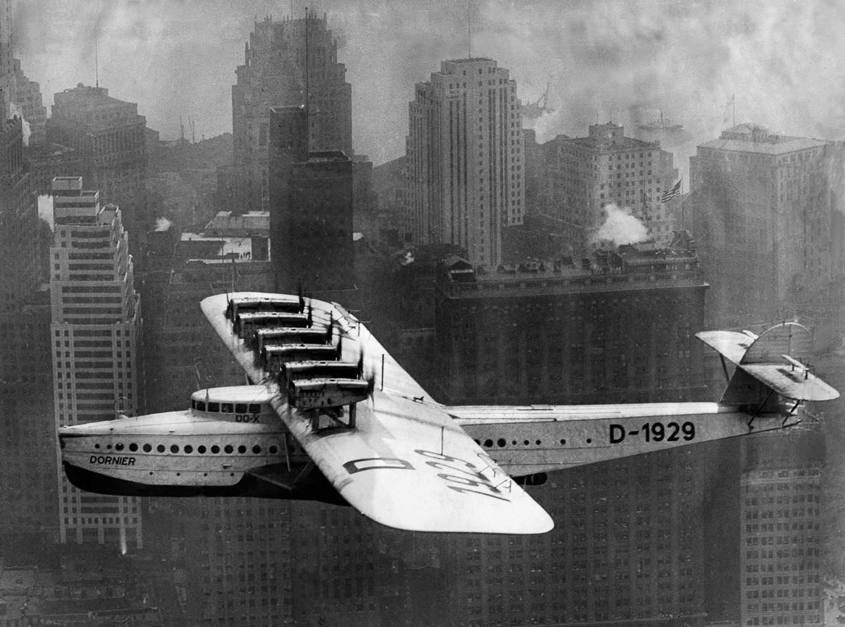 The Dornier Do-X flies past the New York City skyline,Sept. 1, 1931