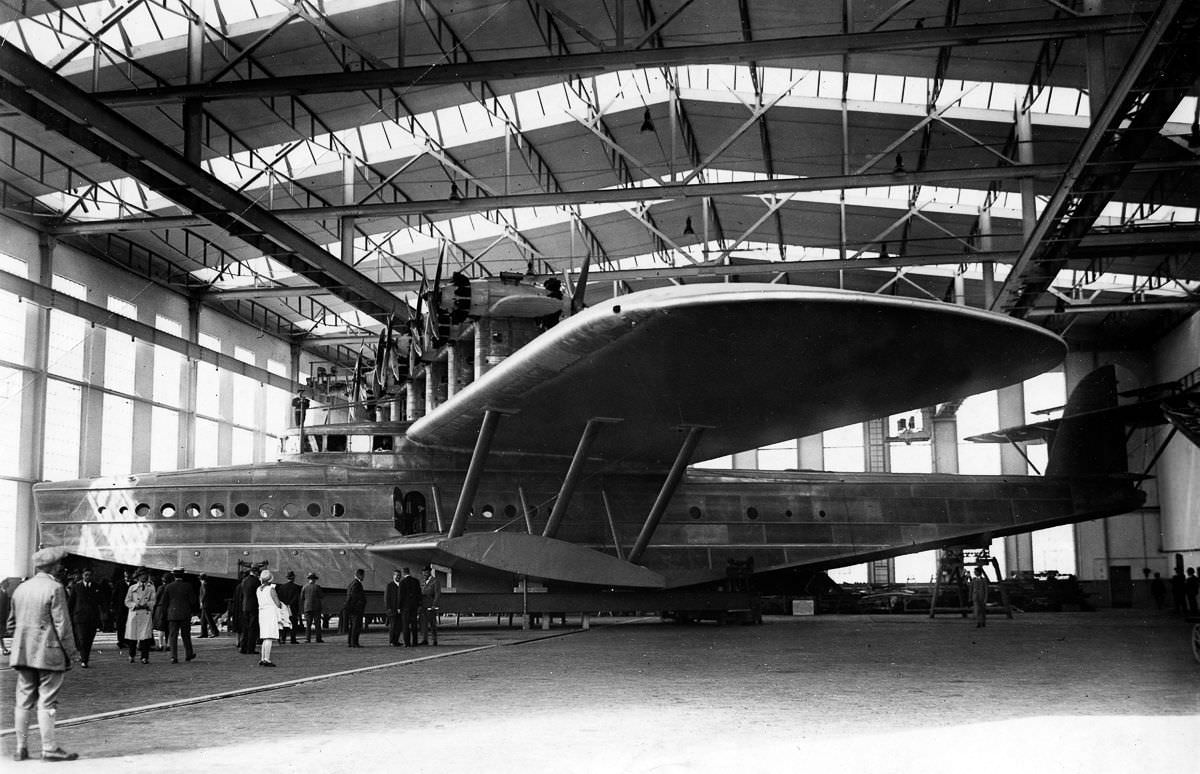 A completed Dornier Do-X flying boat in the assembly hangar of the aircraft plant in Altenrhein, Switzerland before her maiden flight,July 9, 1929