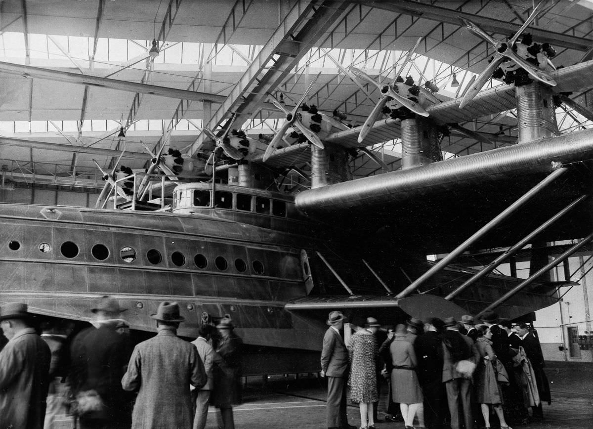A completed Dornier Do-X flying boat in the assembly hangar of the aircraft plant in Altenrhein, Switzerland,July 9, 1929