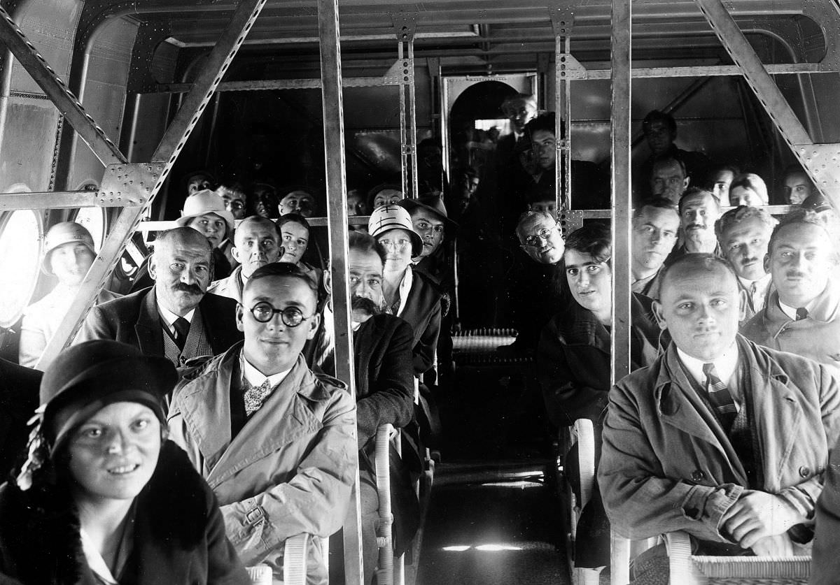 Dornier employees and crew staff aboard the Dornier Do-X on a flight over Lake Constance, Germany,Oct. 21, 1929