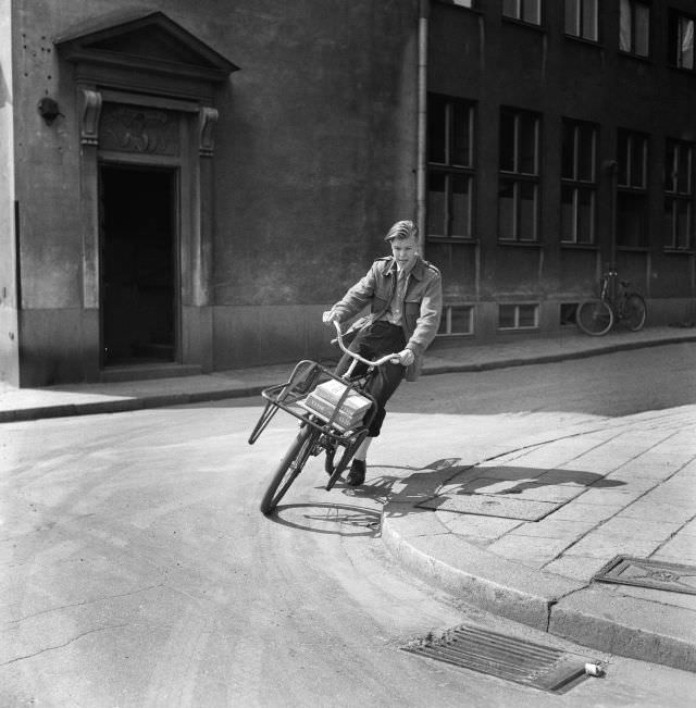 A bicycle messenger on his way.