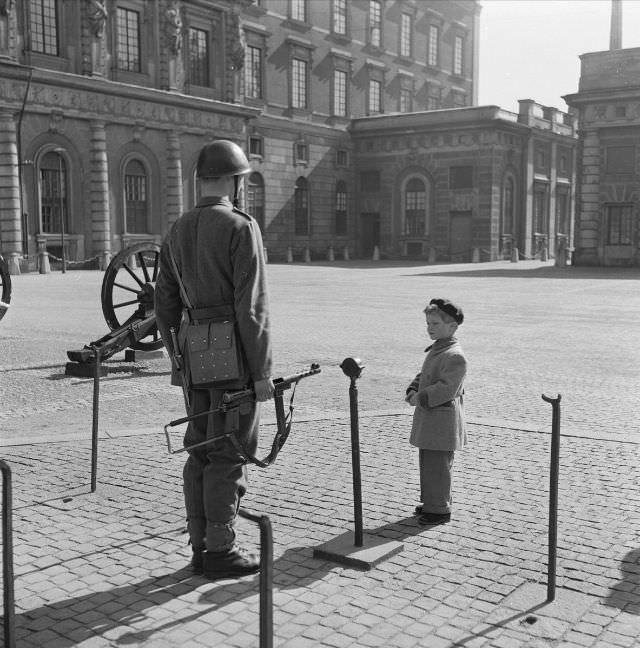 Crown Prince Carl Gustaf with a guard at the Stockholm castle courtyard.