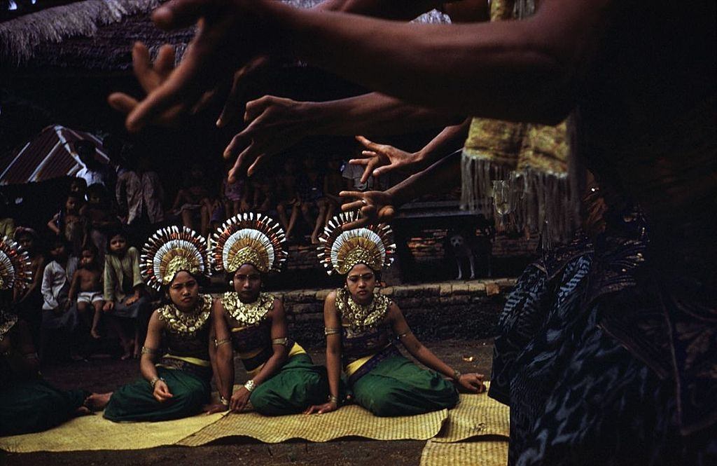 Balinese dancers wearing their intricate headdresses, 1956.