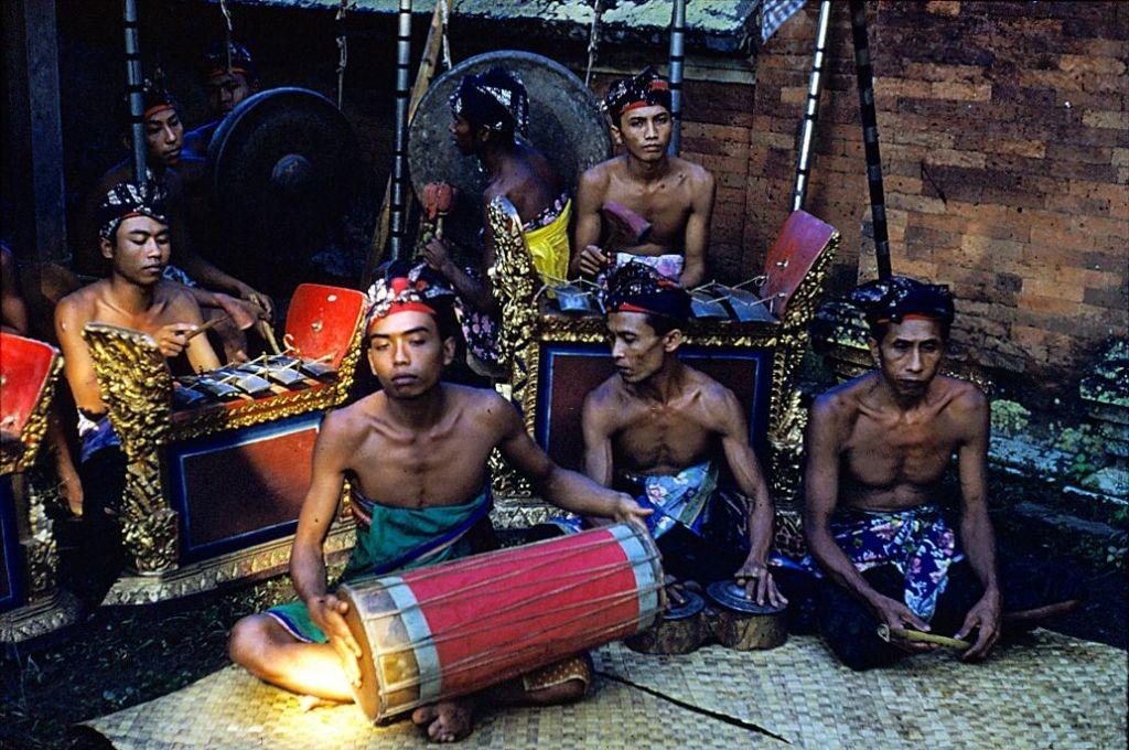 Balinese musicians play percussion, 1956.