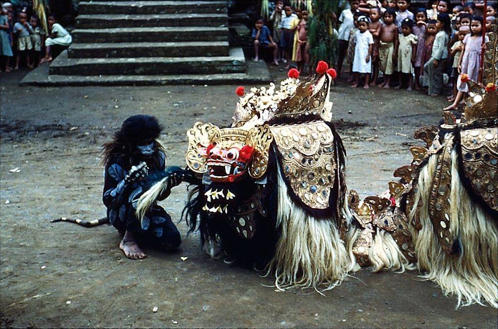 A crowd watches a human figure dressed as a monkey play with a hairy, masked 'barong' lion, Bali, 1956.
