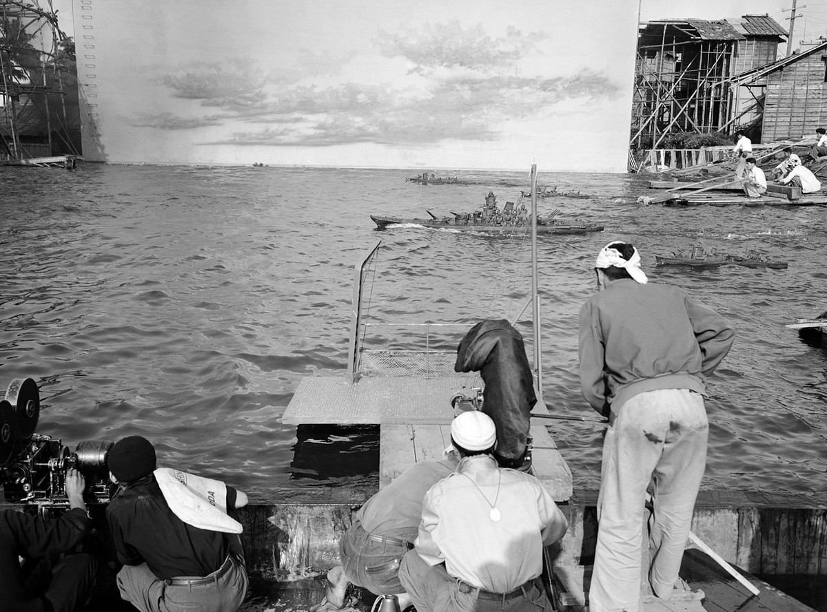 A scene from "Battleship Yamato" is filmed in the studio pool of Japan's Shin-Toho Motion Picture Company on June 8, 1953.