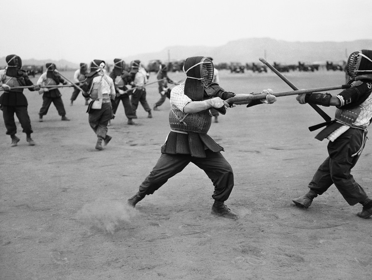 Soldiers practice bayonet tactics at the Kokubu Army Camp in Japan on May 22, 1957.