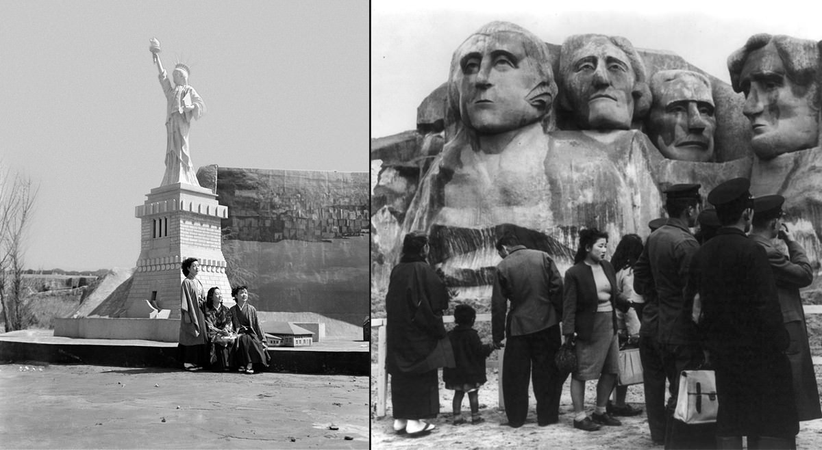 At the "America Fair". Left: Three kimono clad Japanese girls sit at the base of a reproduction of the Statue of Liberty at the America Fair, which opened in Osaka, Japan, on March 25, 1950.