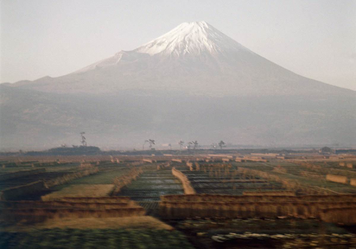 Mount Fuji, viewed from a passing train.