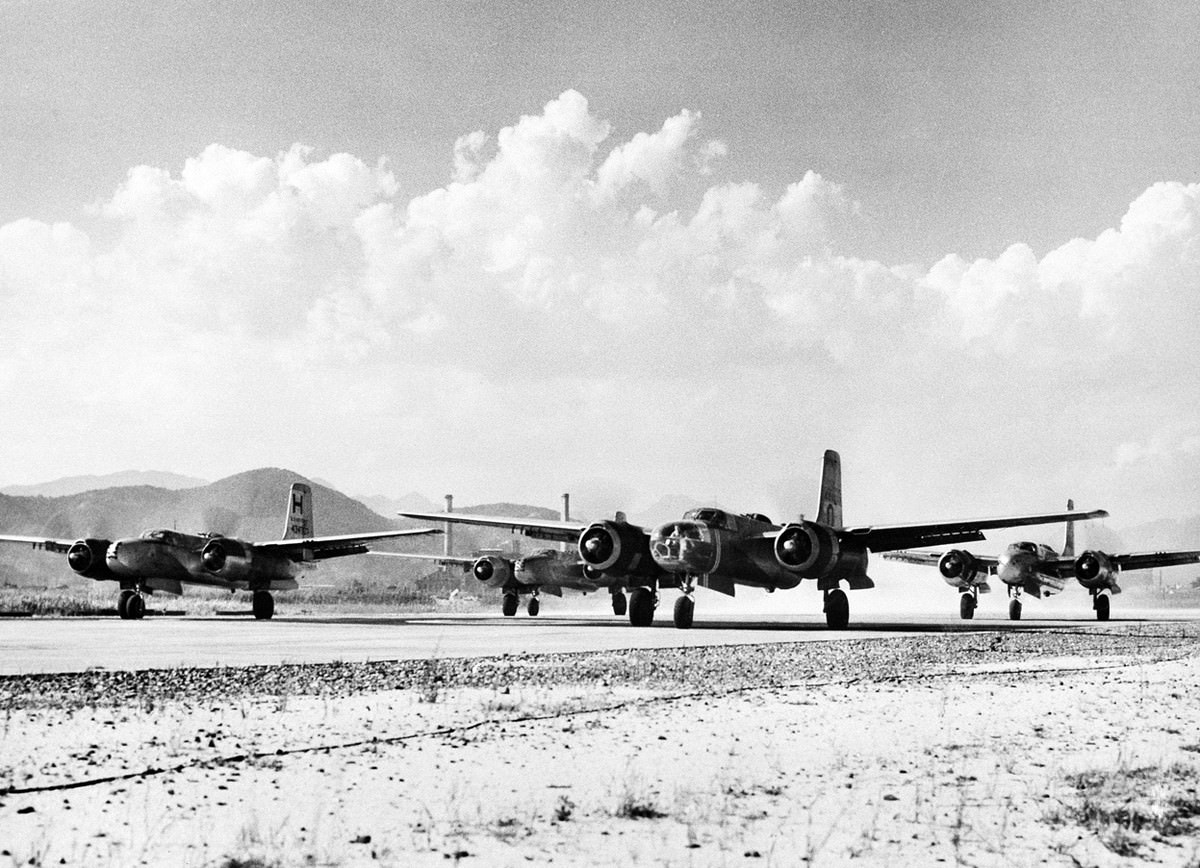 Engines of U.S. Air Force B-26 bombers are revved up shortly before taking off from Far East Air Force field in Japan on September 20, 1950, for combat missions in Korea.
