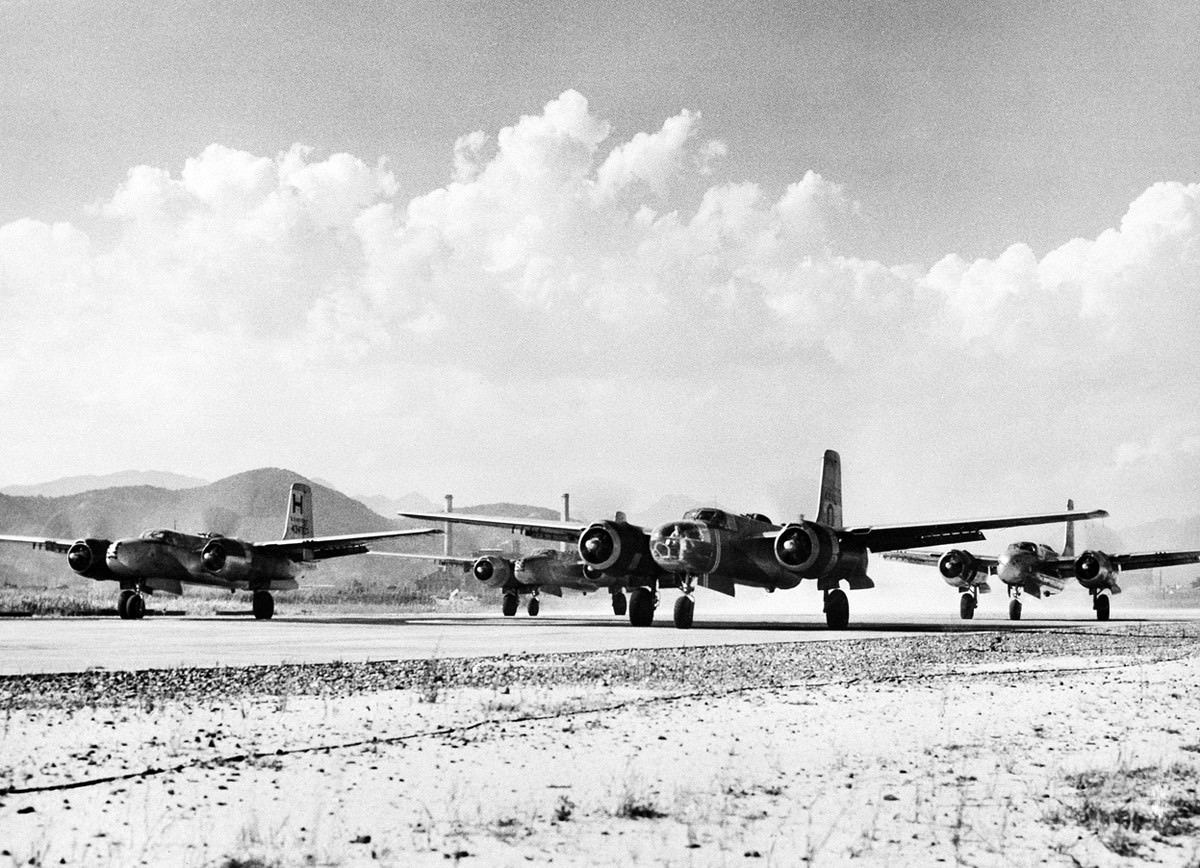 Engines of U.S. Air Force B-26 bombers are revved up shortly before taking off from Far East Air Force field in Japan on September 20, 1950, for combat missions in Korea.