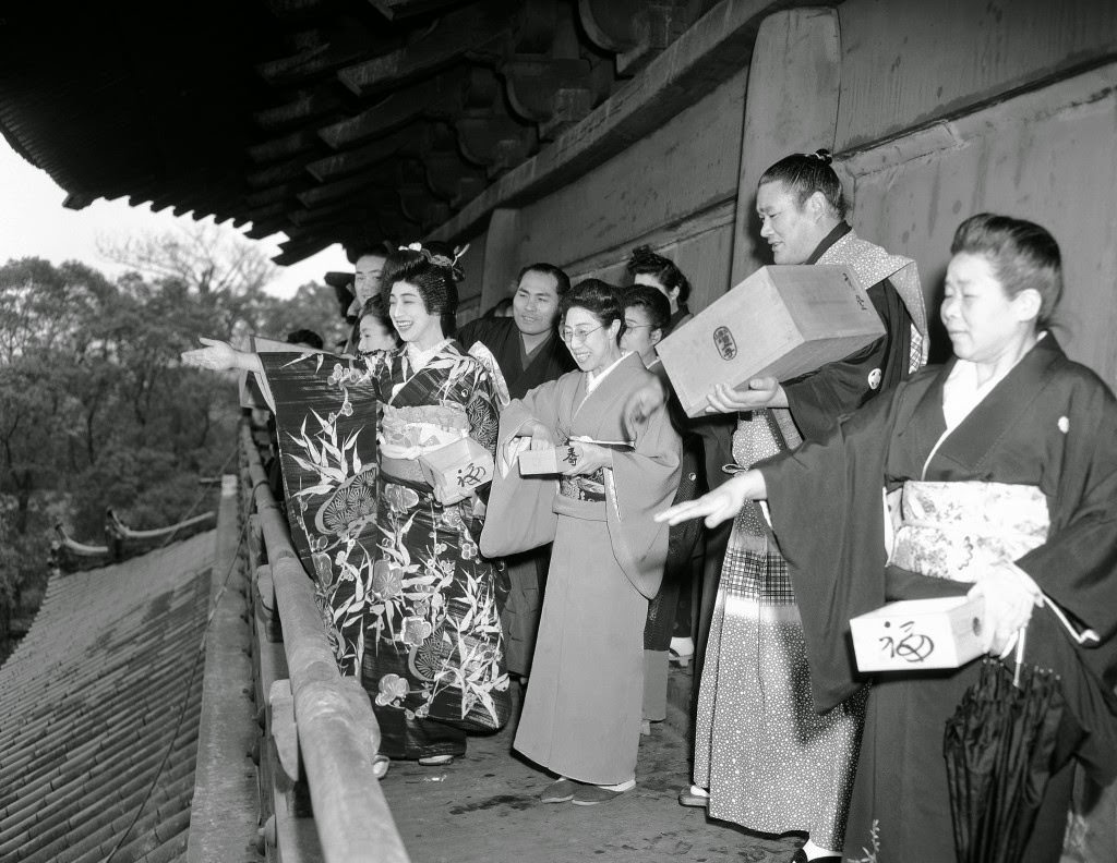 The change of season, or '“Setsubun,'” is celebrated in traditional fashion at the Asakusa Temple in Tokyo on Feb. 9, 1950