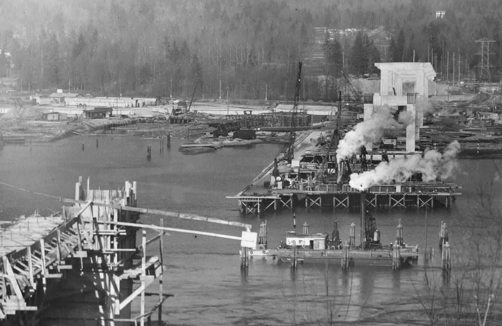 Second Narrows Bridge under construction, 1956 or 1957