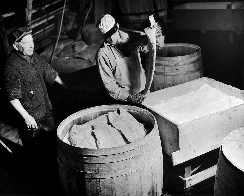 Some fillets of cod dipped into the salt and packed up in wooden brails to be exported in prince Rupert, Vancouver, 1952.
