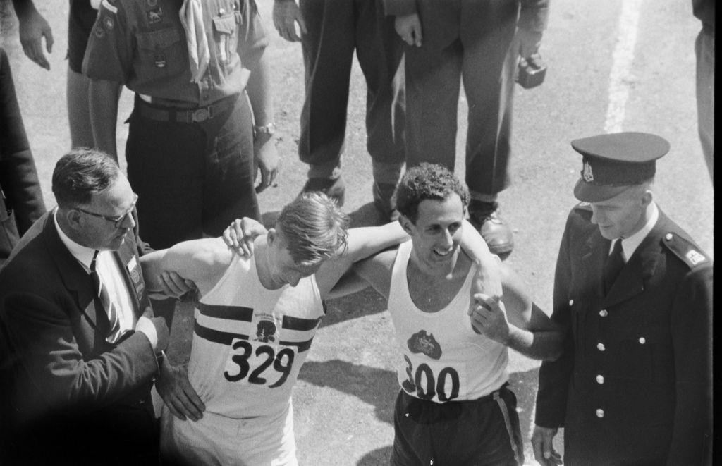 Athletes standing during the British Empire and Commonwealth Games, Vancouver, 1954.