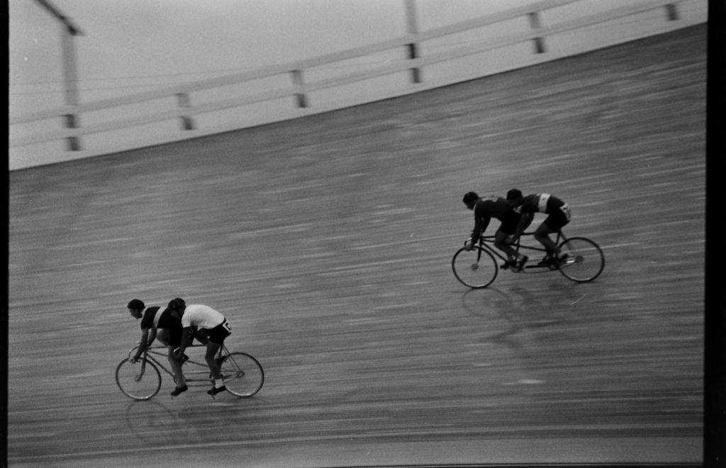 Group of people participating in cycling during the British Empire and Commonwealth Games, Vancouver, British Columbia, 1954.
