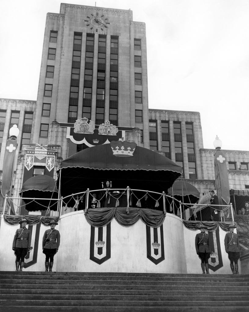 Princess Elizabeth addresses a crowd of British Columbians at the Western terminus of her nationwide Canadian Tour.