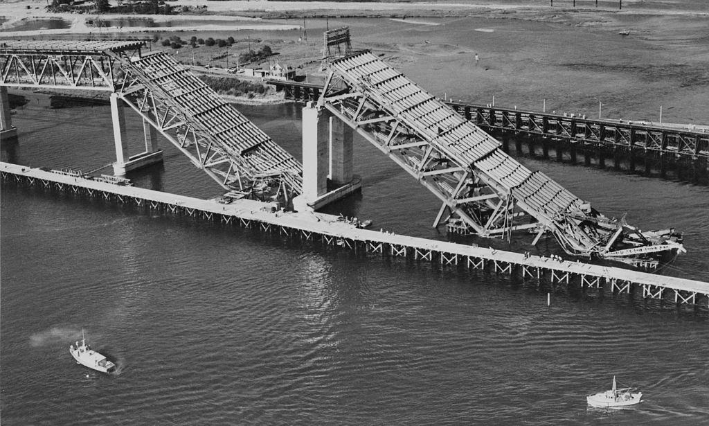 Two collapsed spans of the Second Narrows Bridge along Burrard Inlet in Vancouver, 1958.