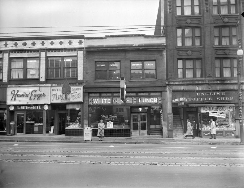 East side of block on Granville Street, Vancouver, 1950