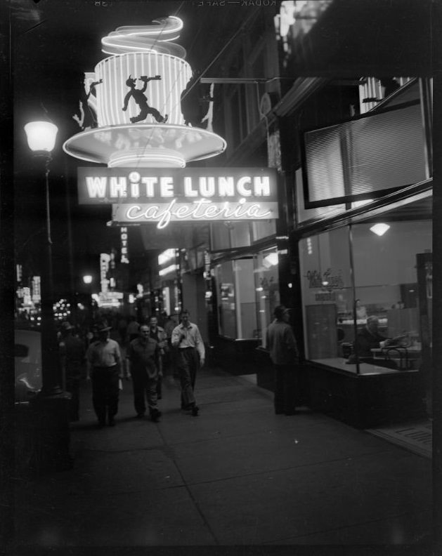 White Lunch Cafeteria neon sign over sidewalk, West Hastings Street, Vancouver, 1950