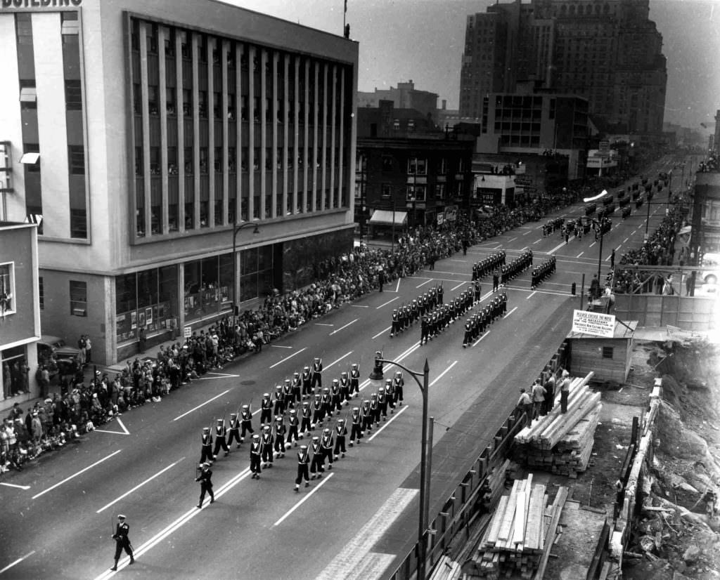 PNE parade on Burrard Street near Pender Street, 1953