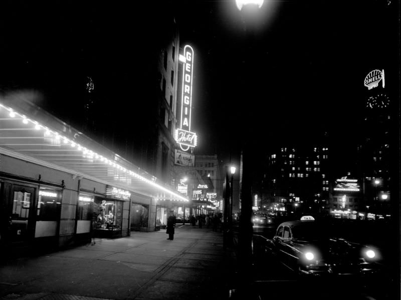 Looking East from 800 Block West Georgia at night, Vancouver, 1953