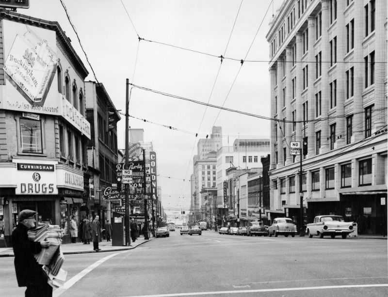 Cunningham Drugs Ltd, Granville & Georgia looking north, Vancouver, 1955