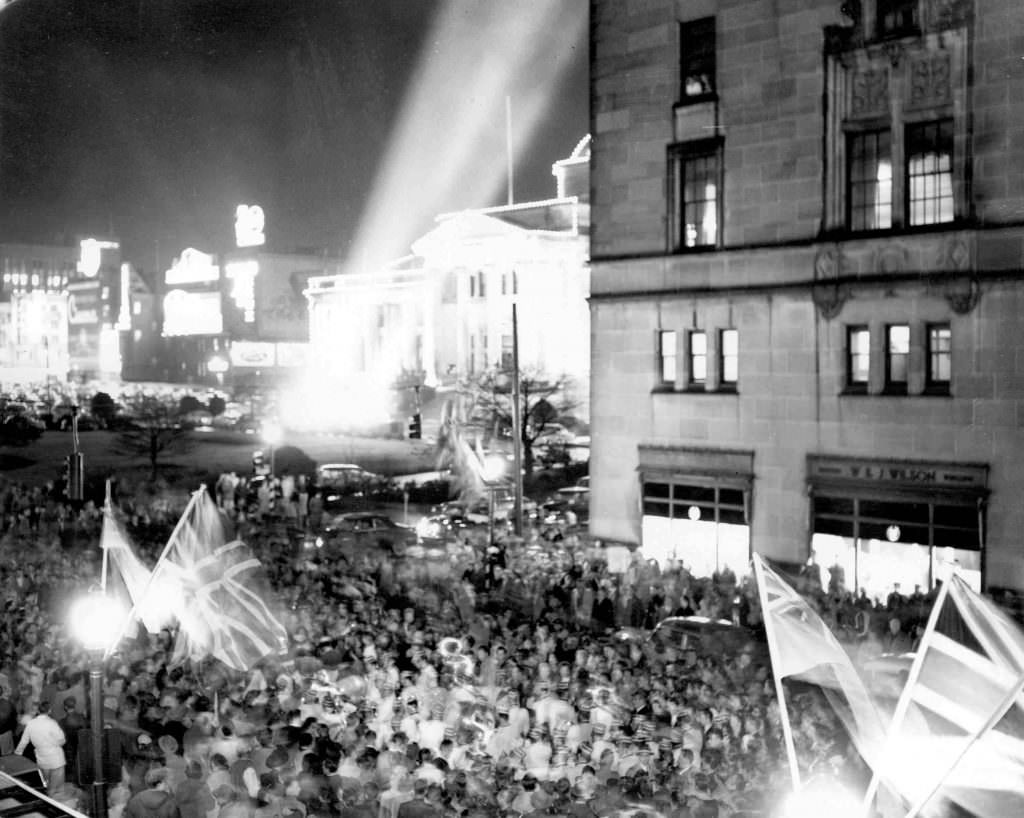 Celebration outside the Hotel Vancouver, 1955