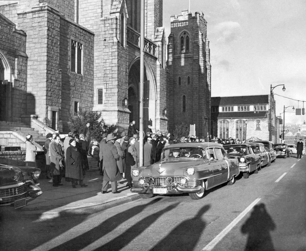 Funeral procession outside St. Andrew’s Wesley United Church, 1955