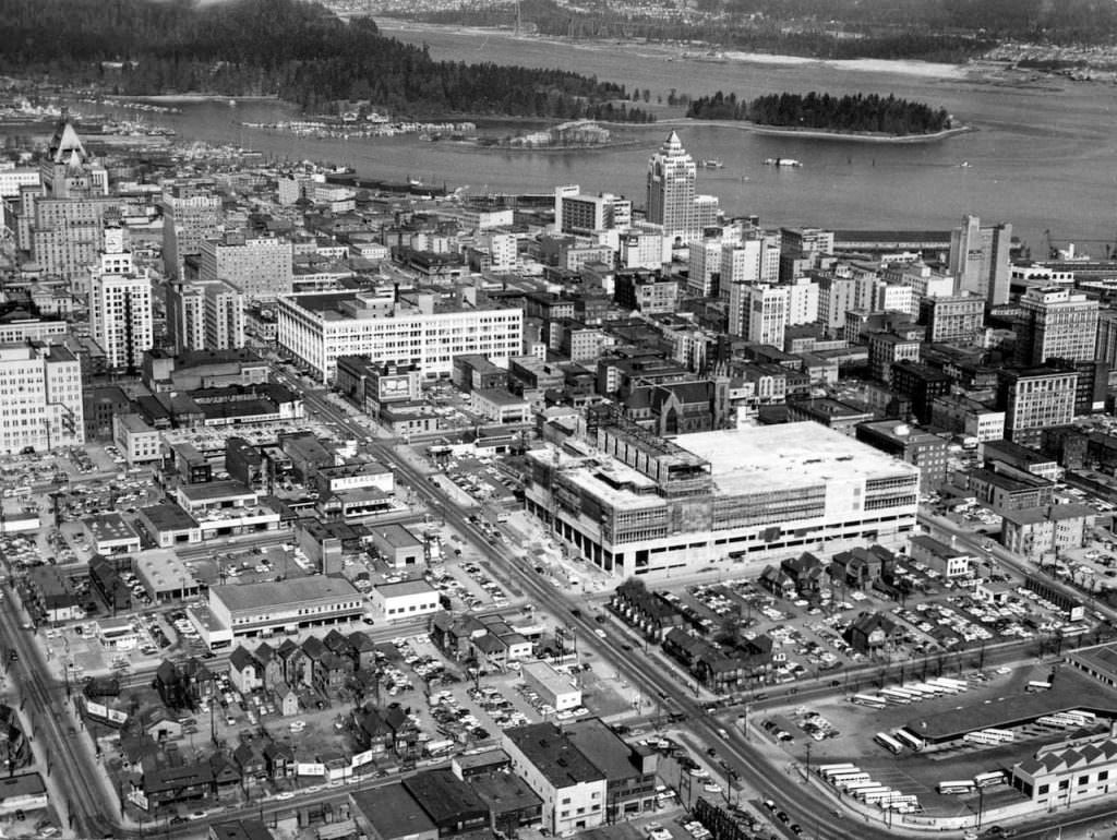 Aerial view of downtown Vancouver and Coal Harbour, 1956