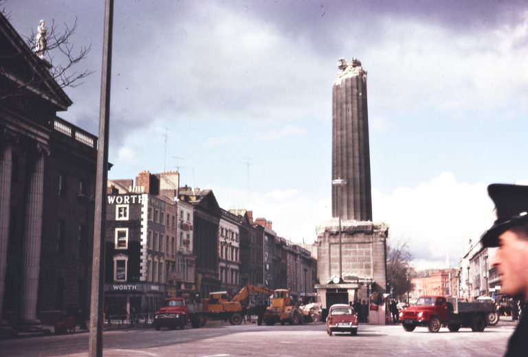 A half-demolished Nelson’s Pillar on O’Connell Street, Dublin. From the front page of the Irish Times on Tuesday, 8 March 1966