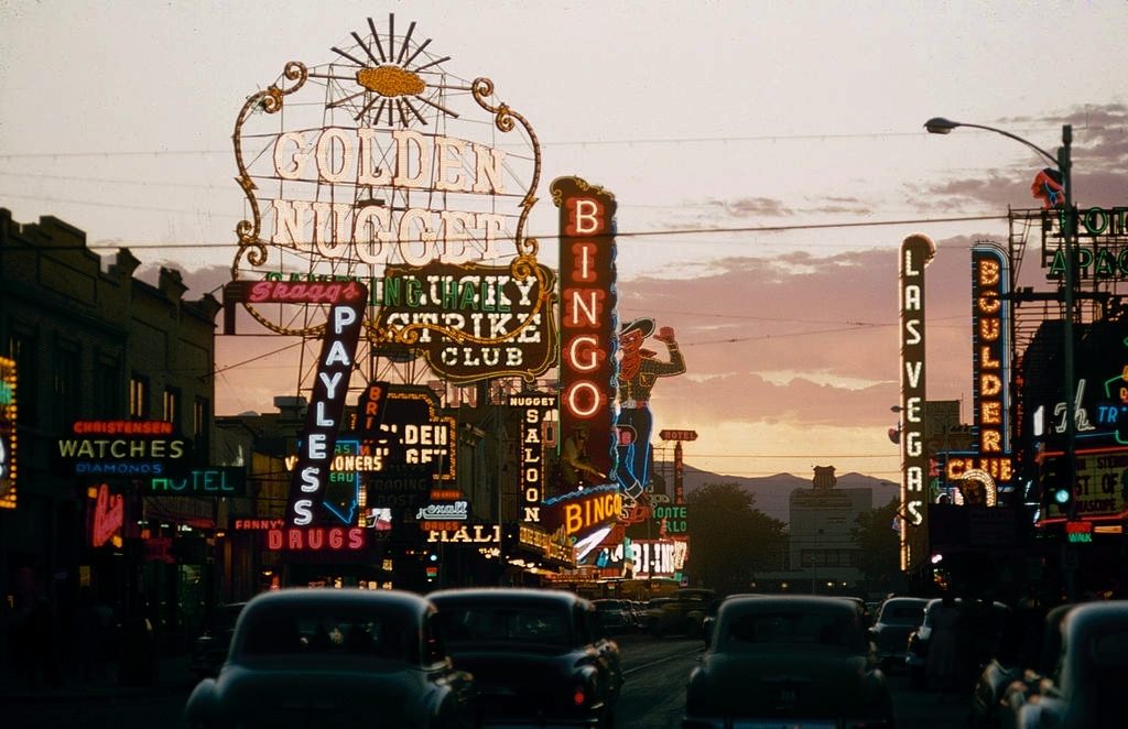Las Vegas main strip with neon signs for Golden Nugget, 1960.