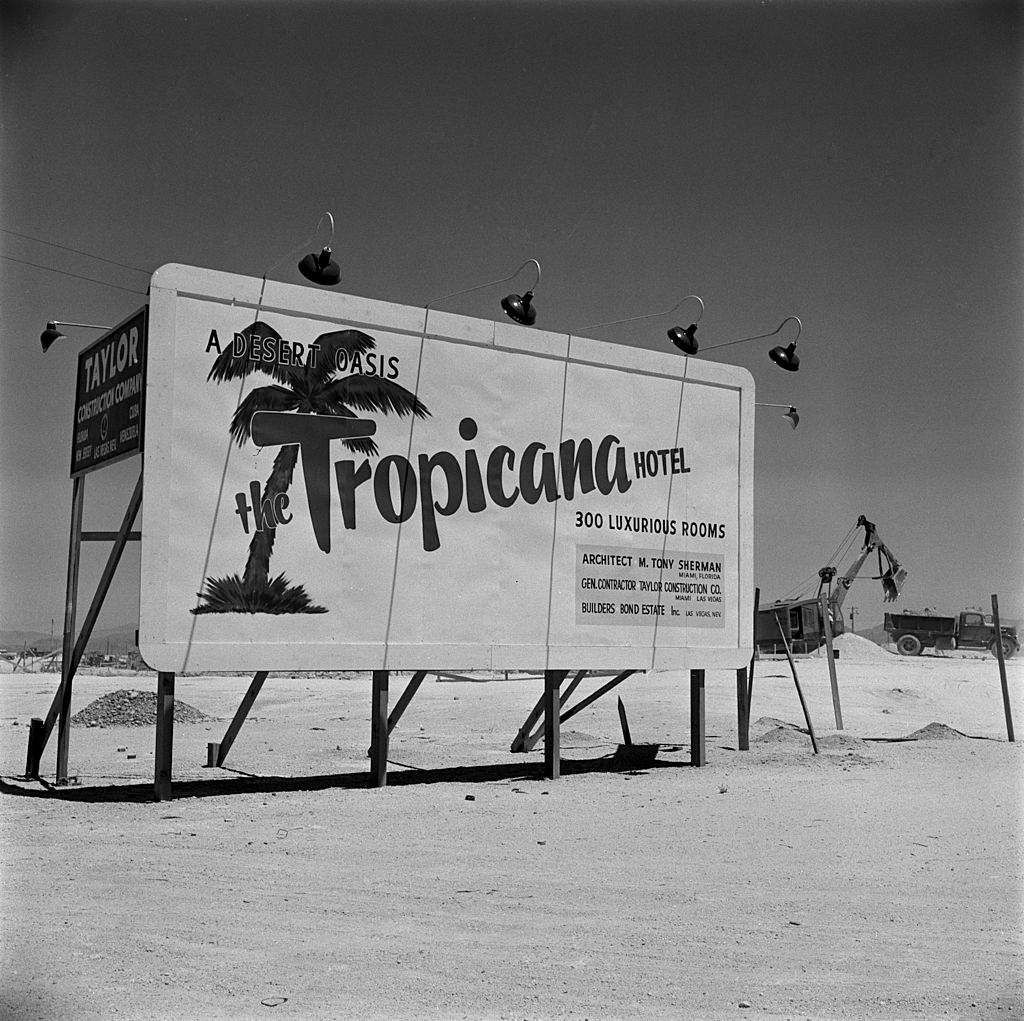 Sign for future location of the Tropicana hotel in Las Vegas desert, January 1960.