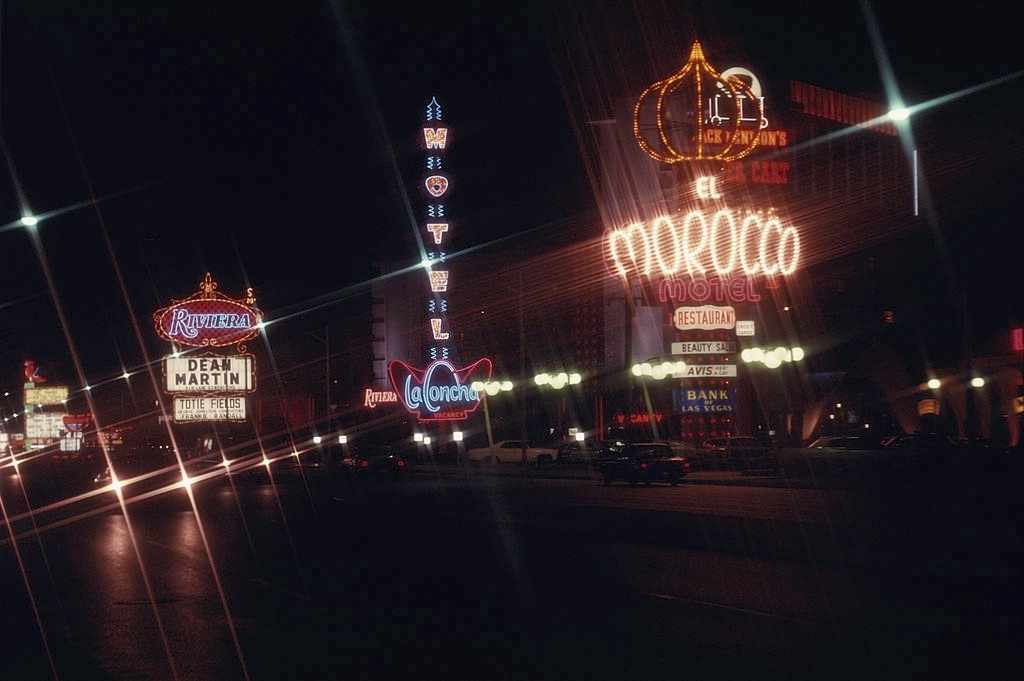 A night view of neon lights in Las Vegas, December 1969.