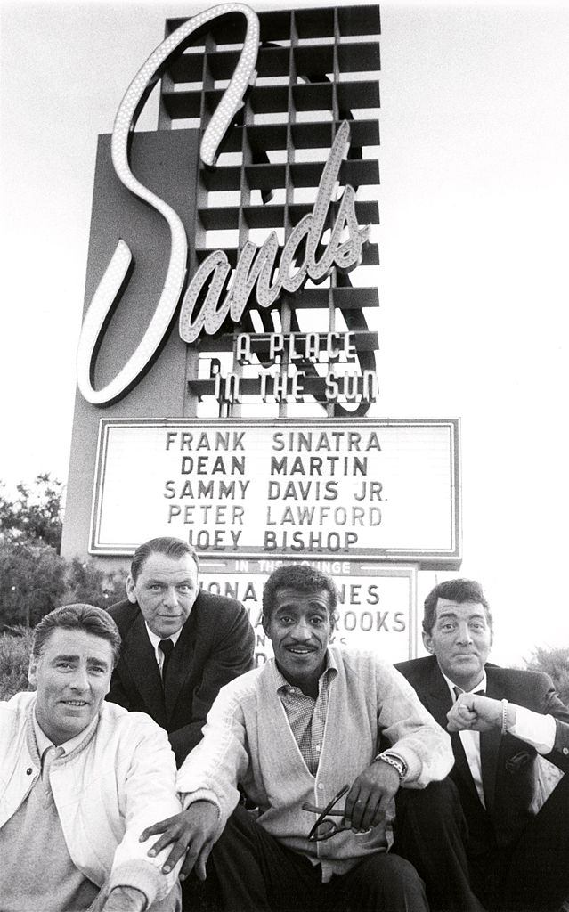 Peter Lawford, Frank Sinatra, Sammy Davis Jnr, and Dean Martin at Sands Hotel in Las Vegas in February 1960.